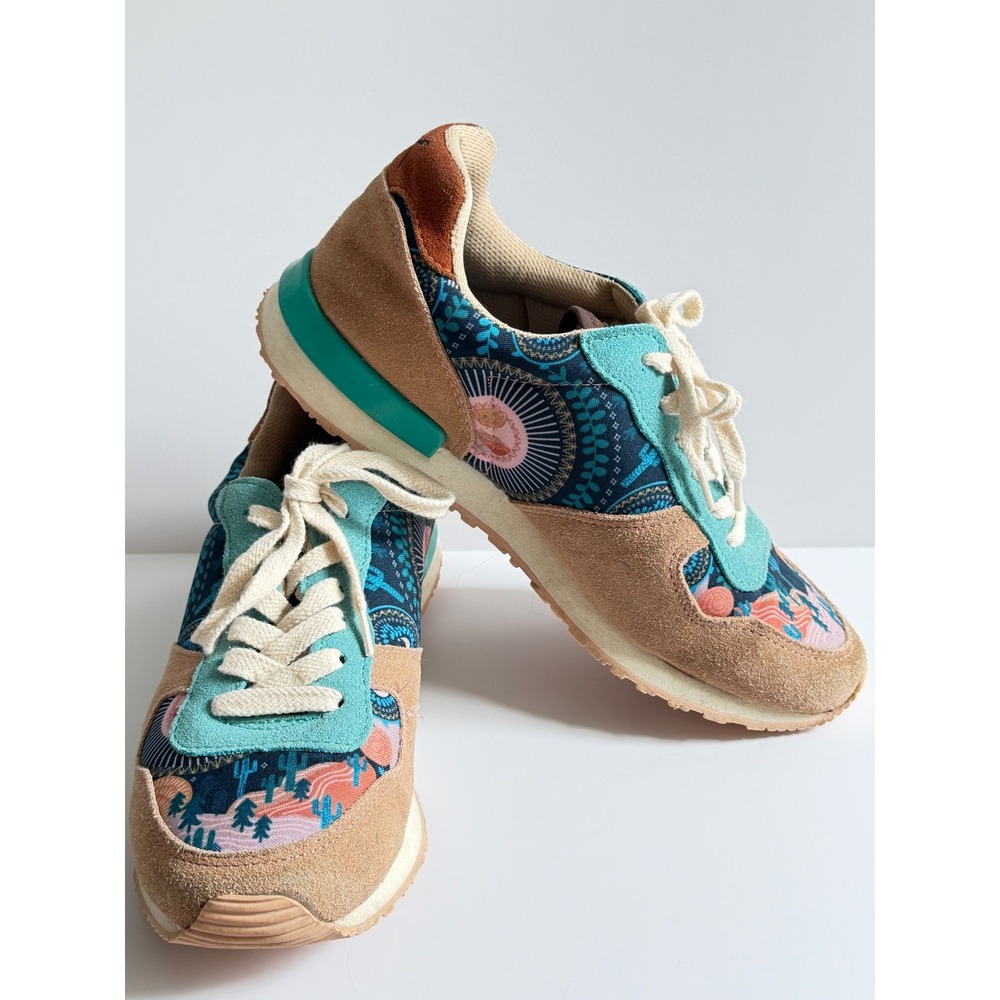 Inkkas Desert Print Suede Sneakers Womens 10 Teal Tan Blue Low Top Lace Up Shoes